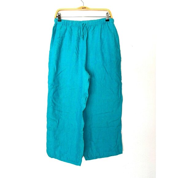 Flax Heathered Turquoise Linen Wide Leg Cropped Pants Size M - Picture 1 of 7